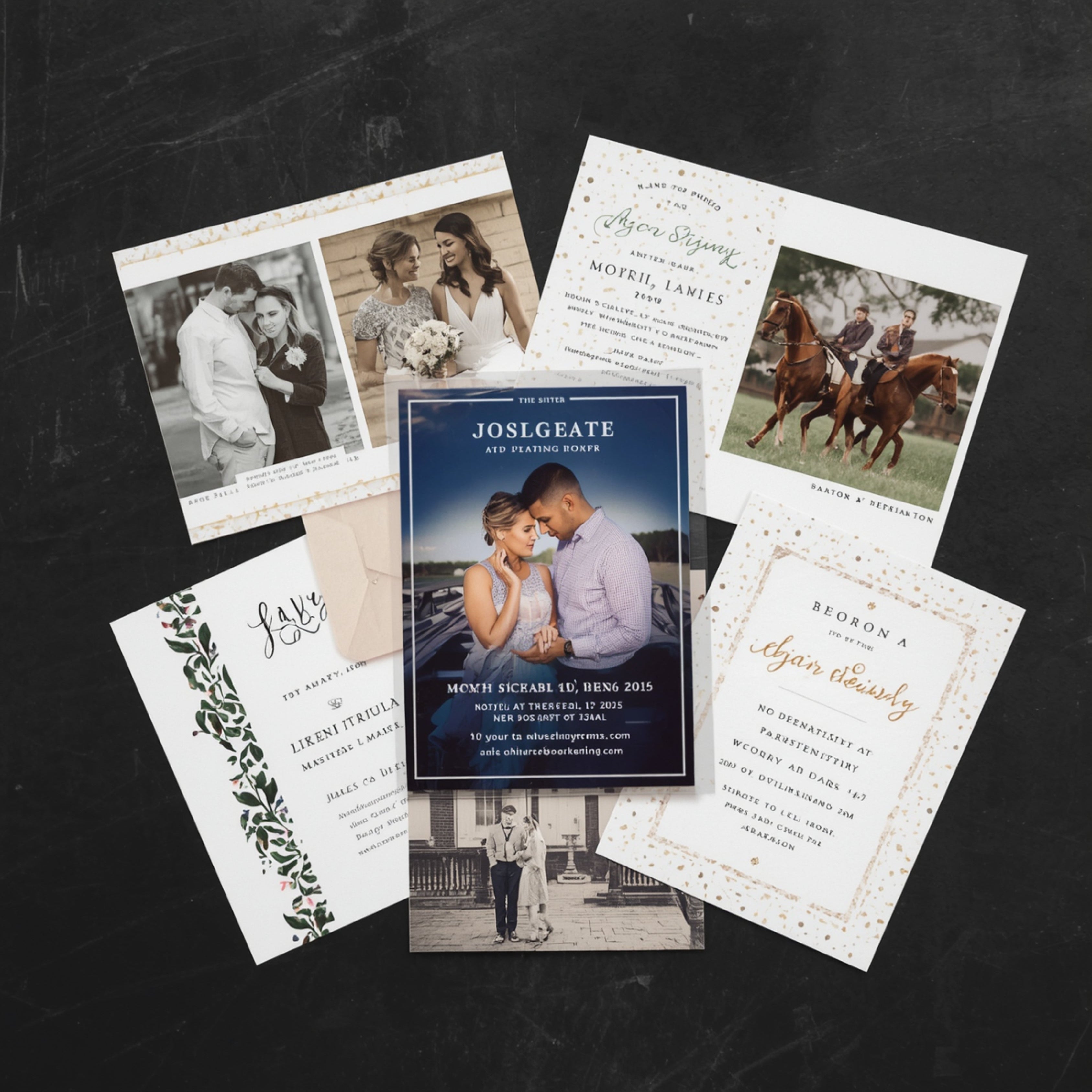 Collection of  invitations and photos on a dark surface